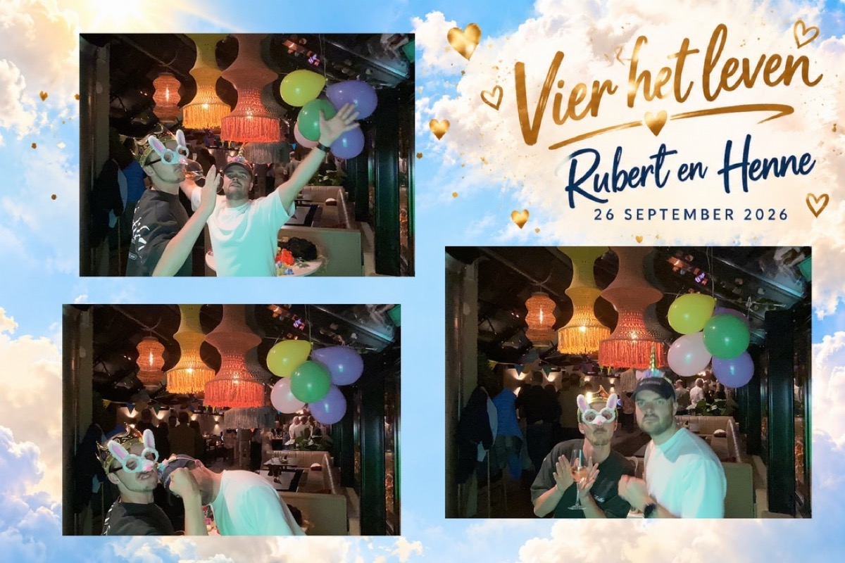 Echte ansichtkaart van een feest met drie foto's en een wolkendesign met namen en datum